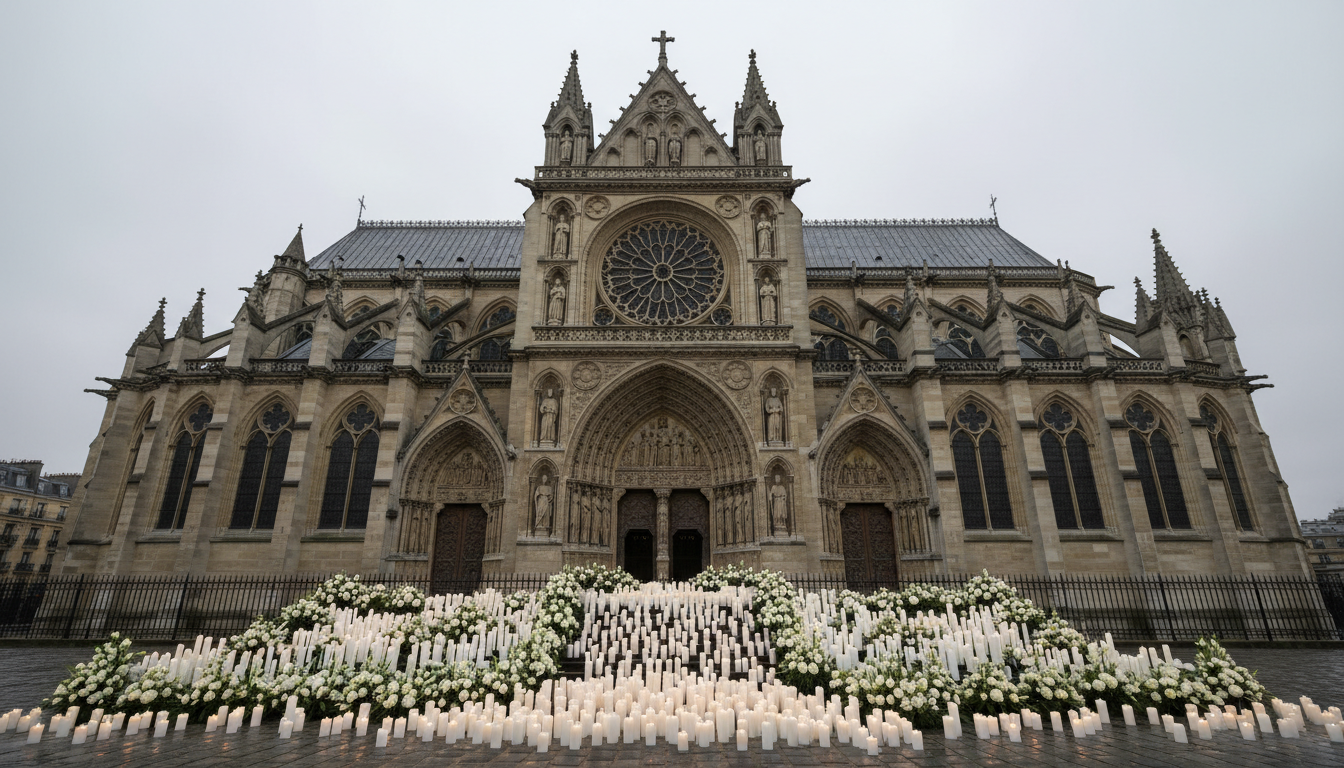 Église parisienne avec bougies et fleurs blanches déposées sur le parvis en hommage