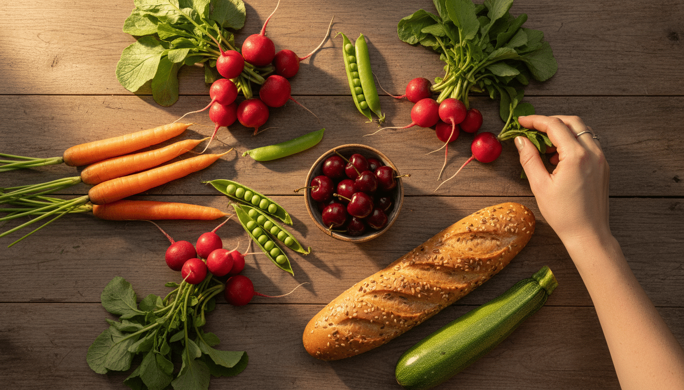 Légumes frais de saison posés sur une table en bois