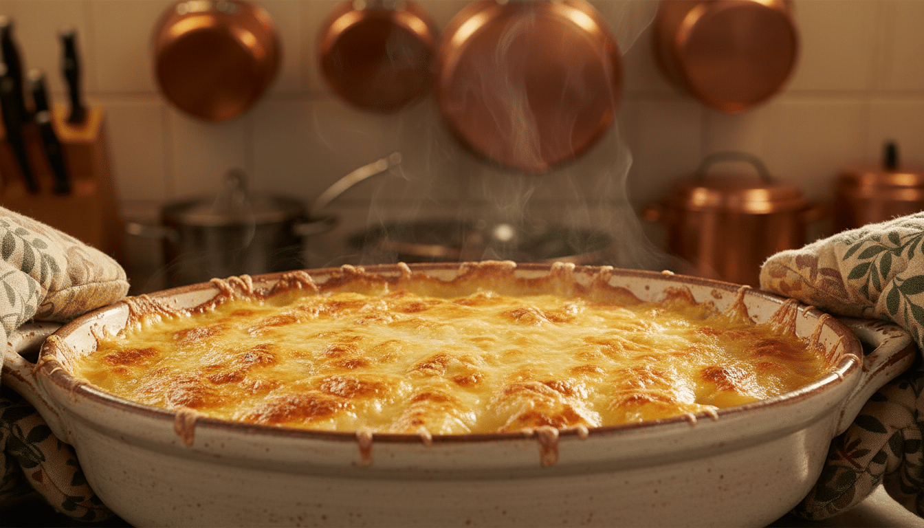 Gratin de navets doré au gruyère sortant du four