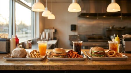 Trois plateaux de menus fast-food alignés sur un comptoir