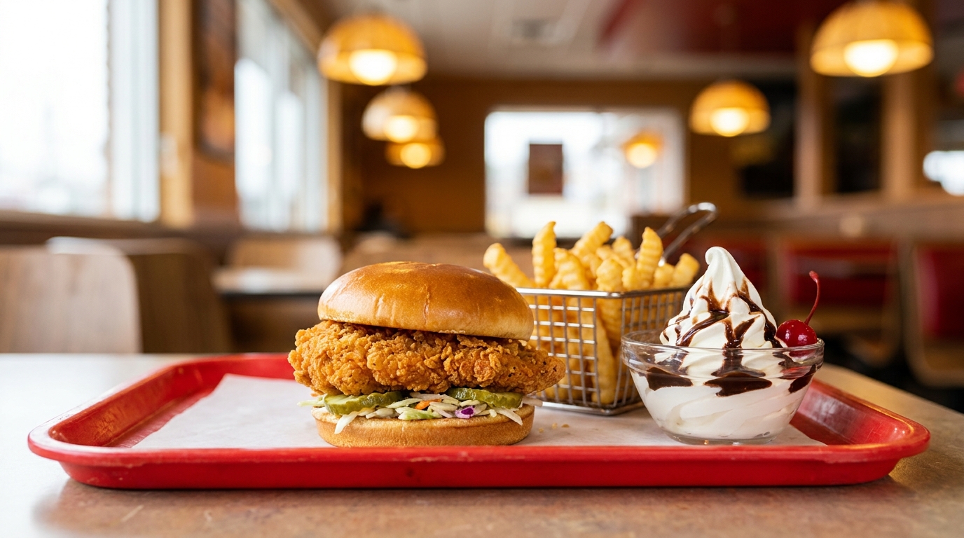 Burger au poulet frit avec frites et sundae sur plateau rouge