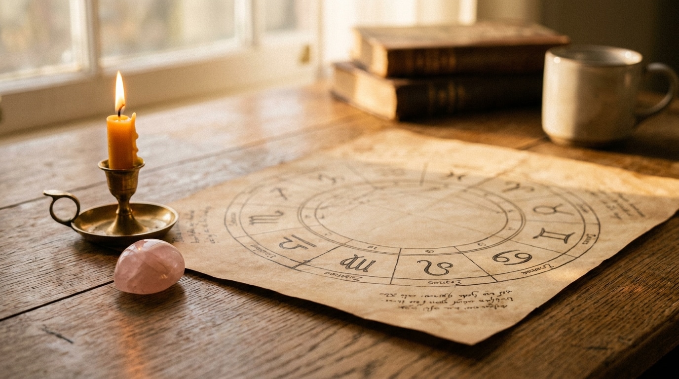 Carte astrologique vintage avec bougie et quartz rose sur table en bois