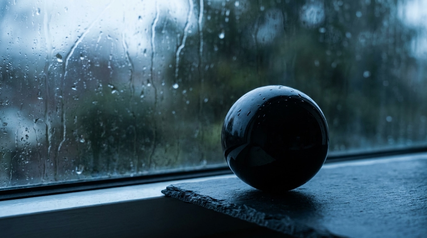 Sphère d'obsidienne posée sur ardoise près d'une fenêtre pluvieuse