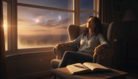 Personne méditant près d'une fenêtre au coucher du soleil