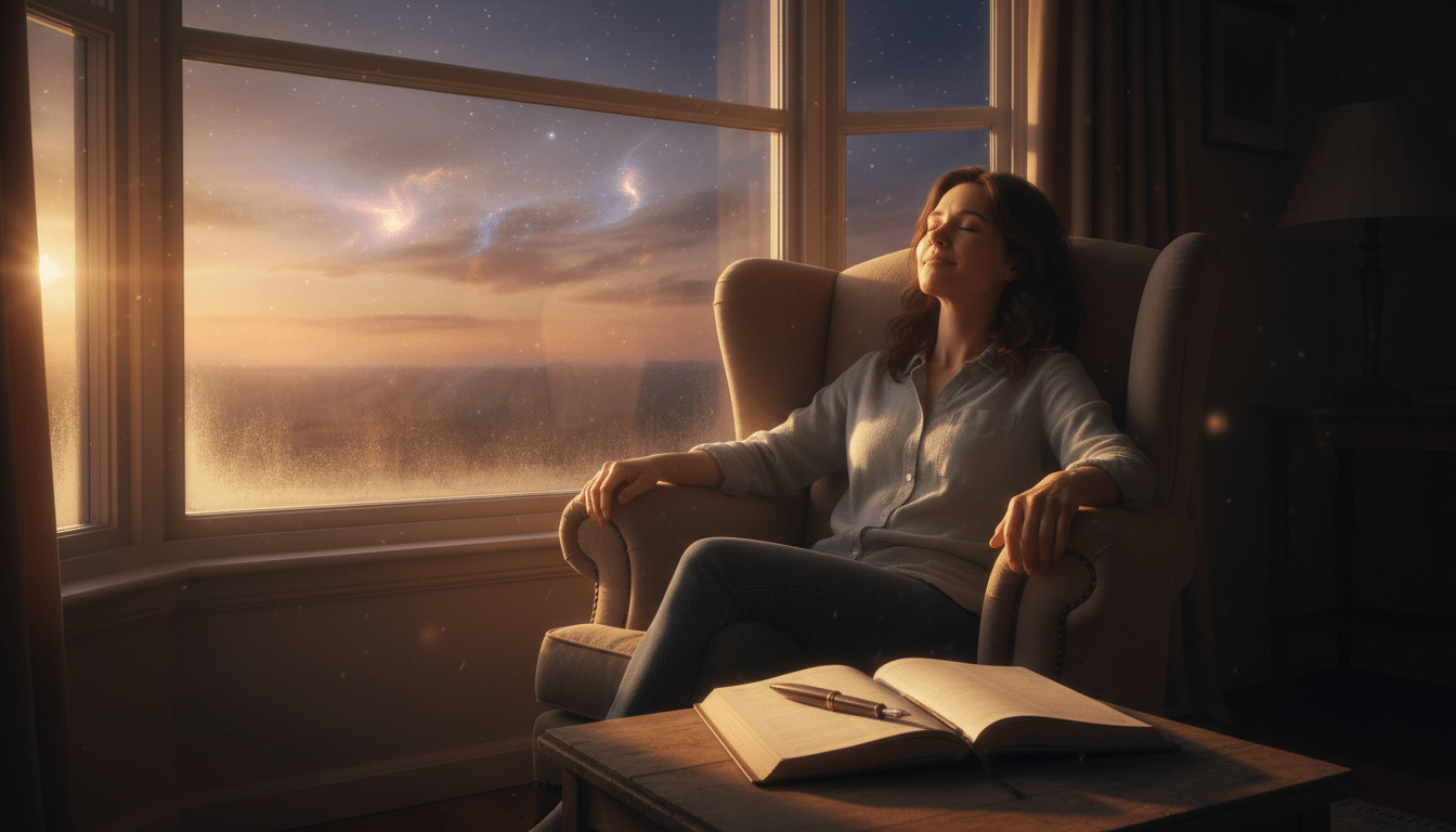 Personne méditant près d'une fenêtre au coucher du soleil