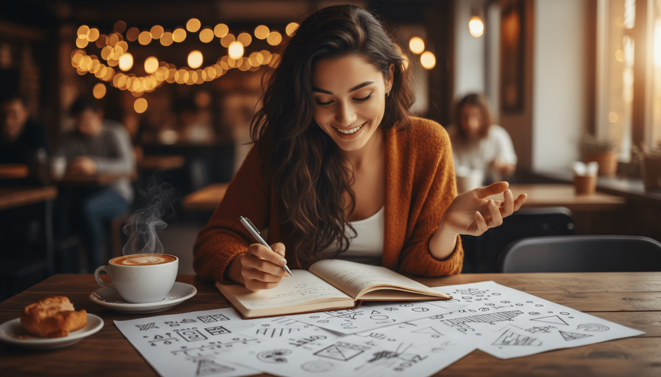 Femme inspirée écrivant ses idées dans un café chaleureux
