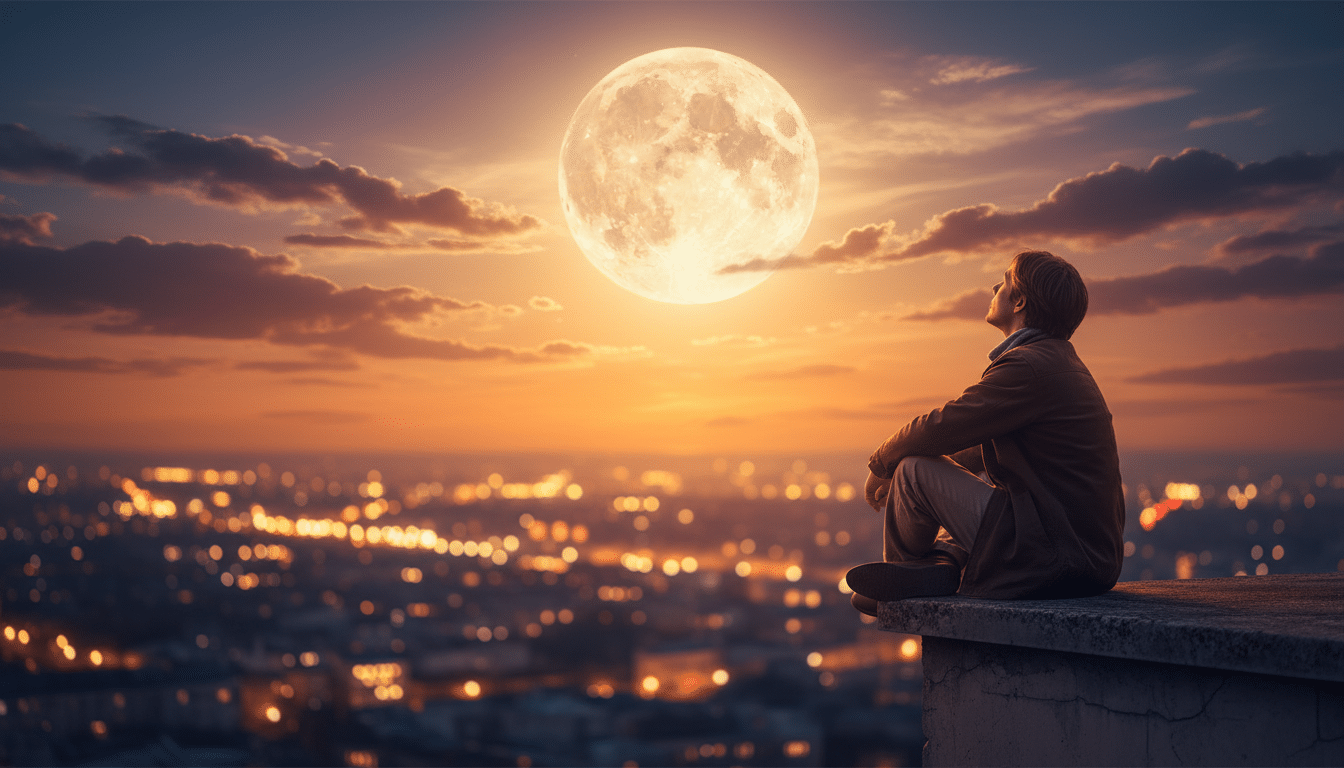 Personne contemplant la pleine lune depuis un toit au crépuscule