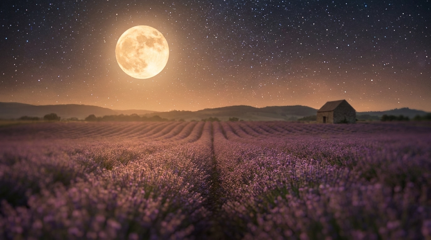 Pleine lune brillante au-dessus d'un champ de lavande