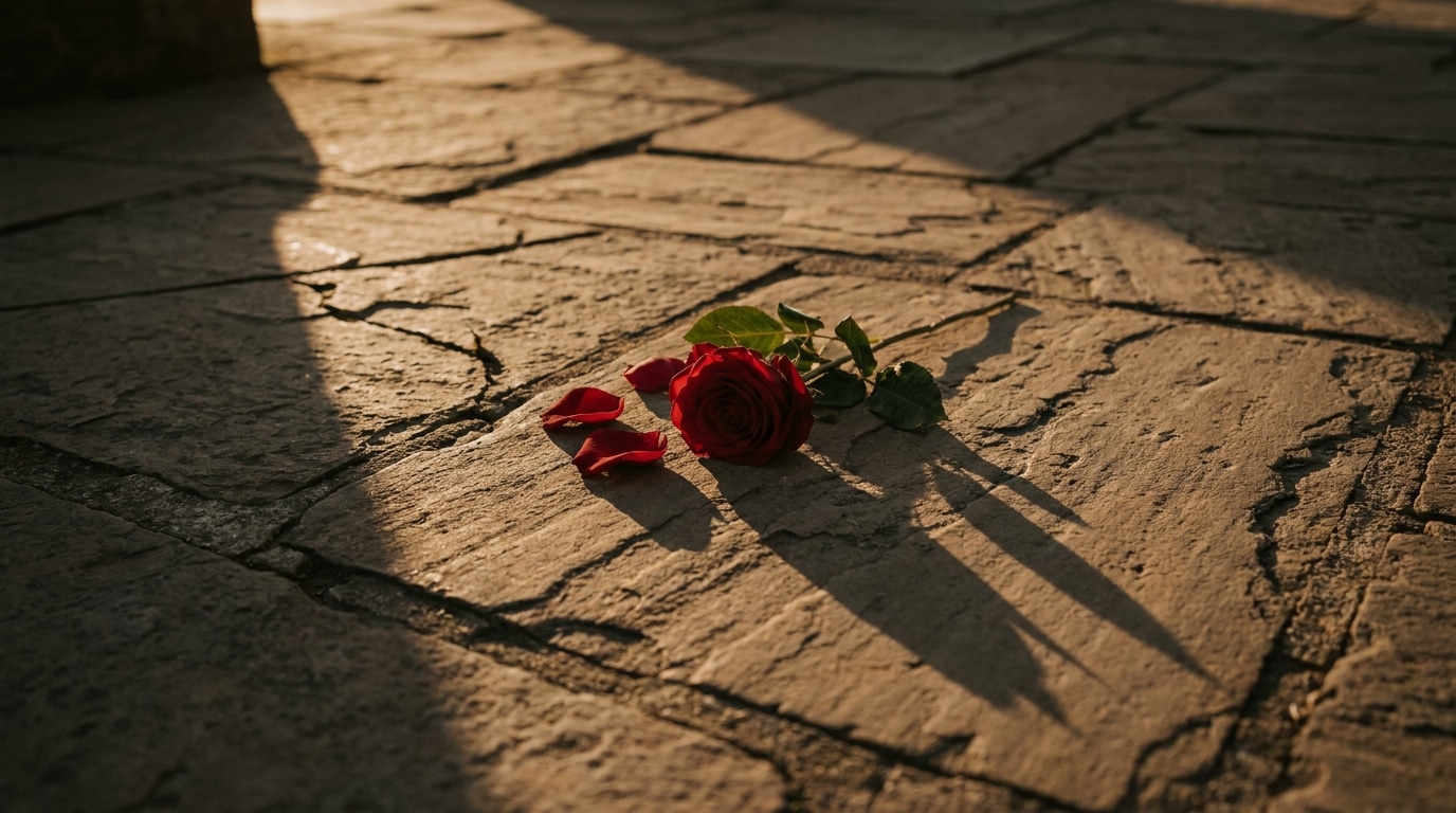 Rose rouge posée sur une pierre fissurée au crépuscule