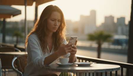 Femme perplexe consultant son téléphone en terrasse au coucher du soleil