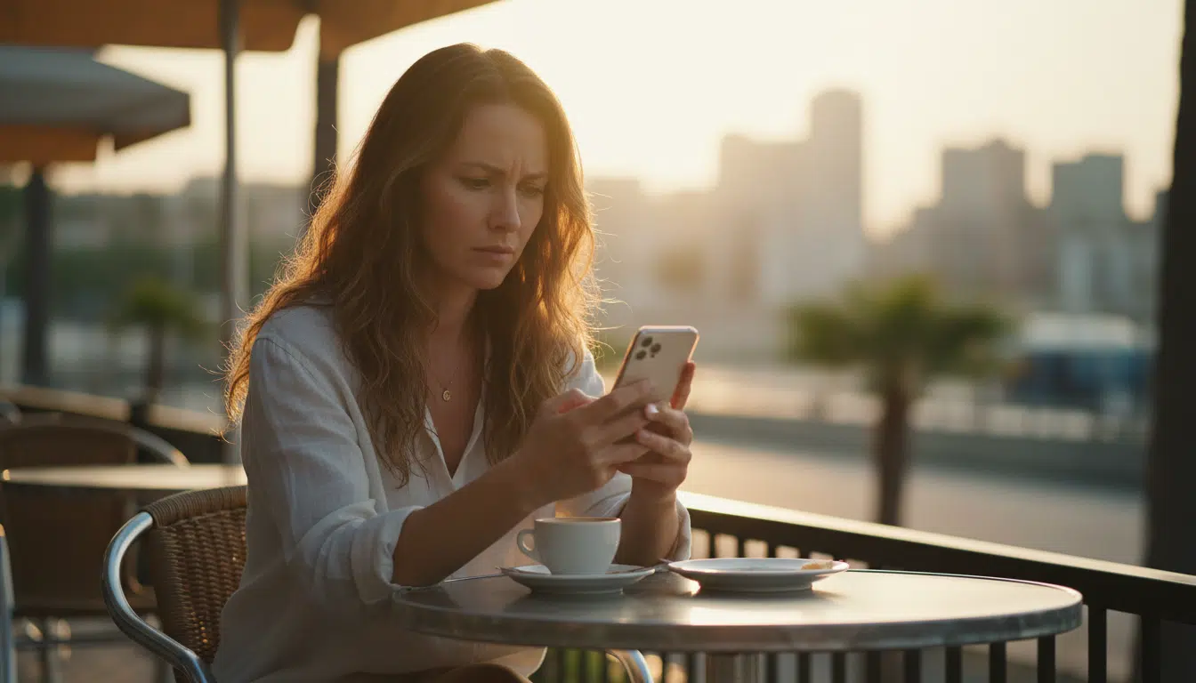 Femme perplexe consultant son téléphone en terrasse au coucher du soleil