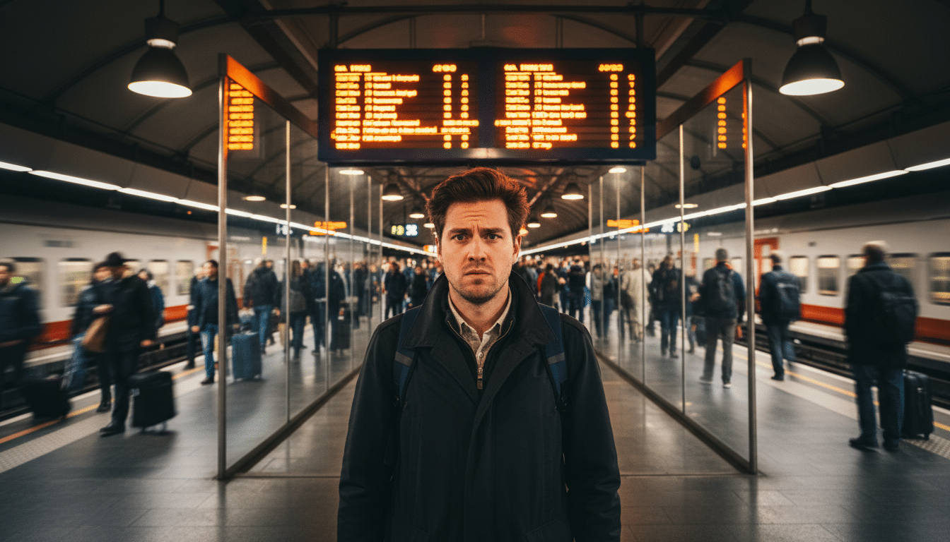 Homme frustré devant un tableau de départs retardés en gare