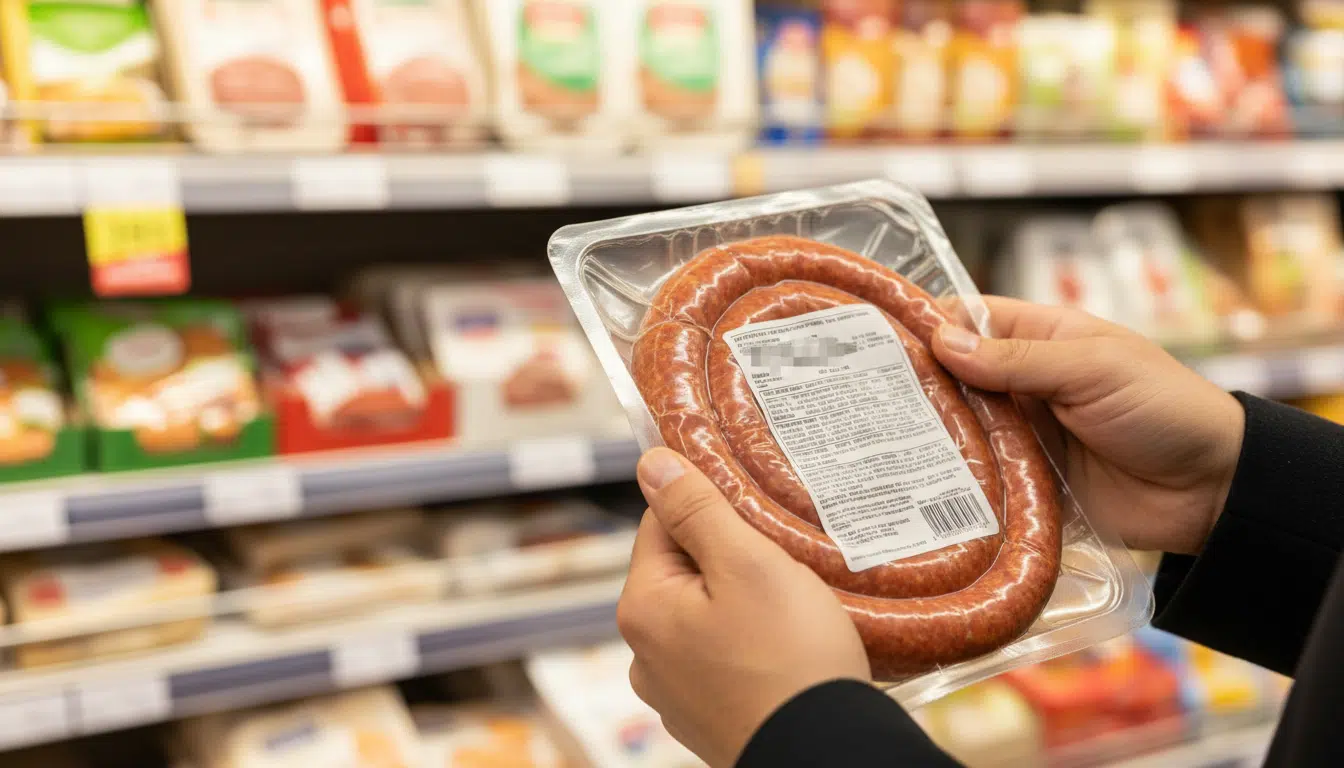 Lecture de l'étiquette d'une barquette de merguez en supermarché
