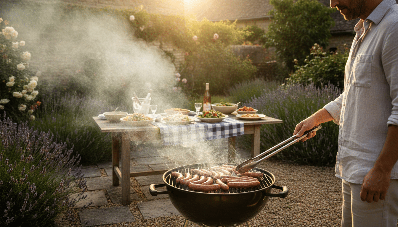 Cuisson de chipolatas et merguez sur un barbecue dans un jardin
