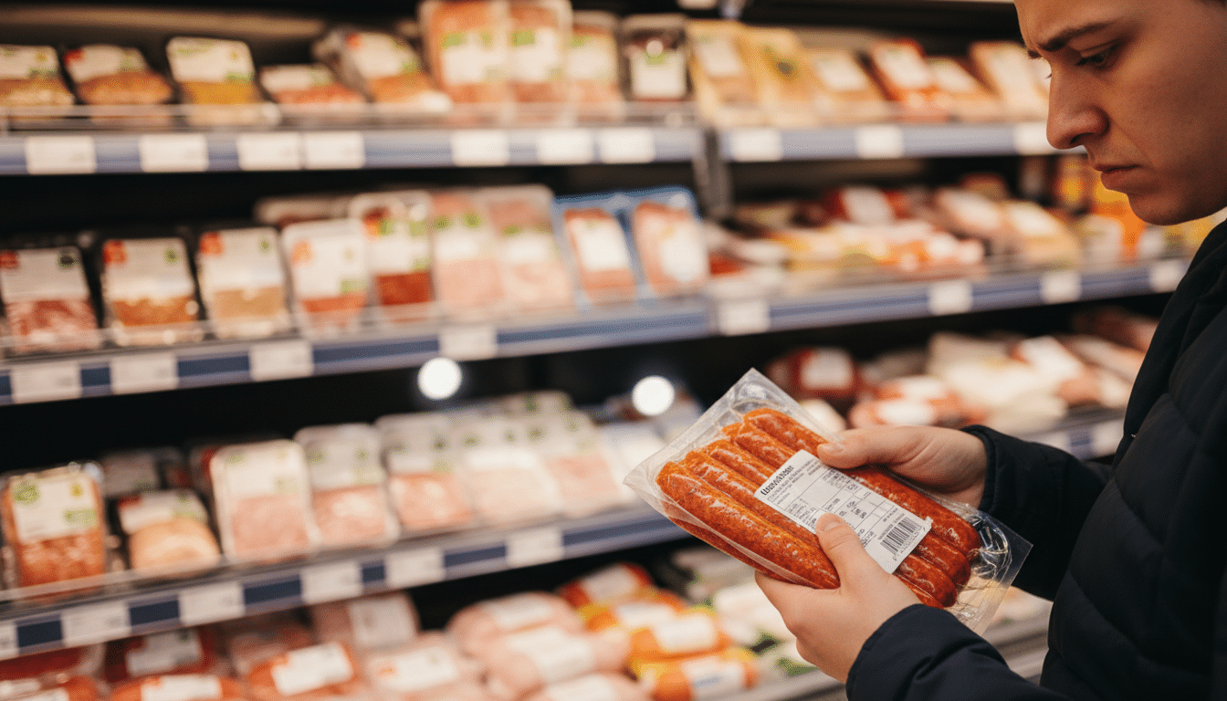Personne lisant l'étiquette d'un paquet de merguez en supermarché