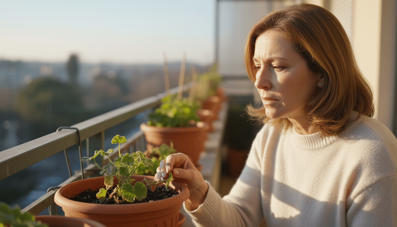 Géranium aux feuilles gelées sur un balcon ensoleillé