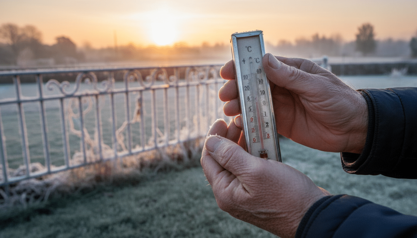 Thermomètre extérieur à l'aube indiquant une température basse