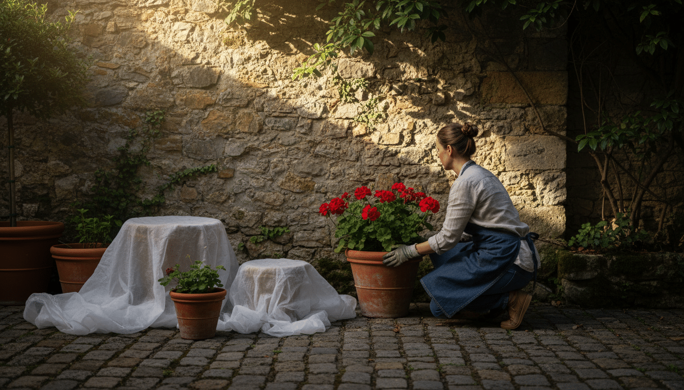 Jardinière de géraniums placée à mi-ombre contre un mur