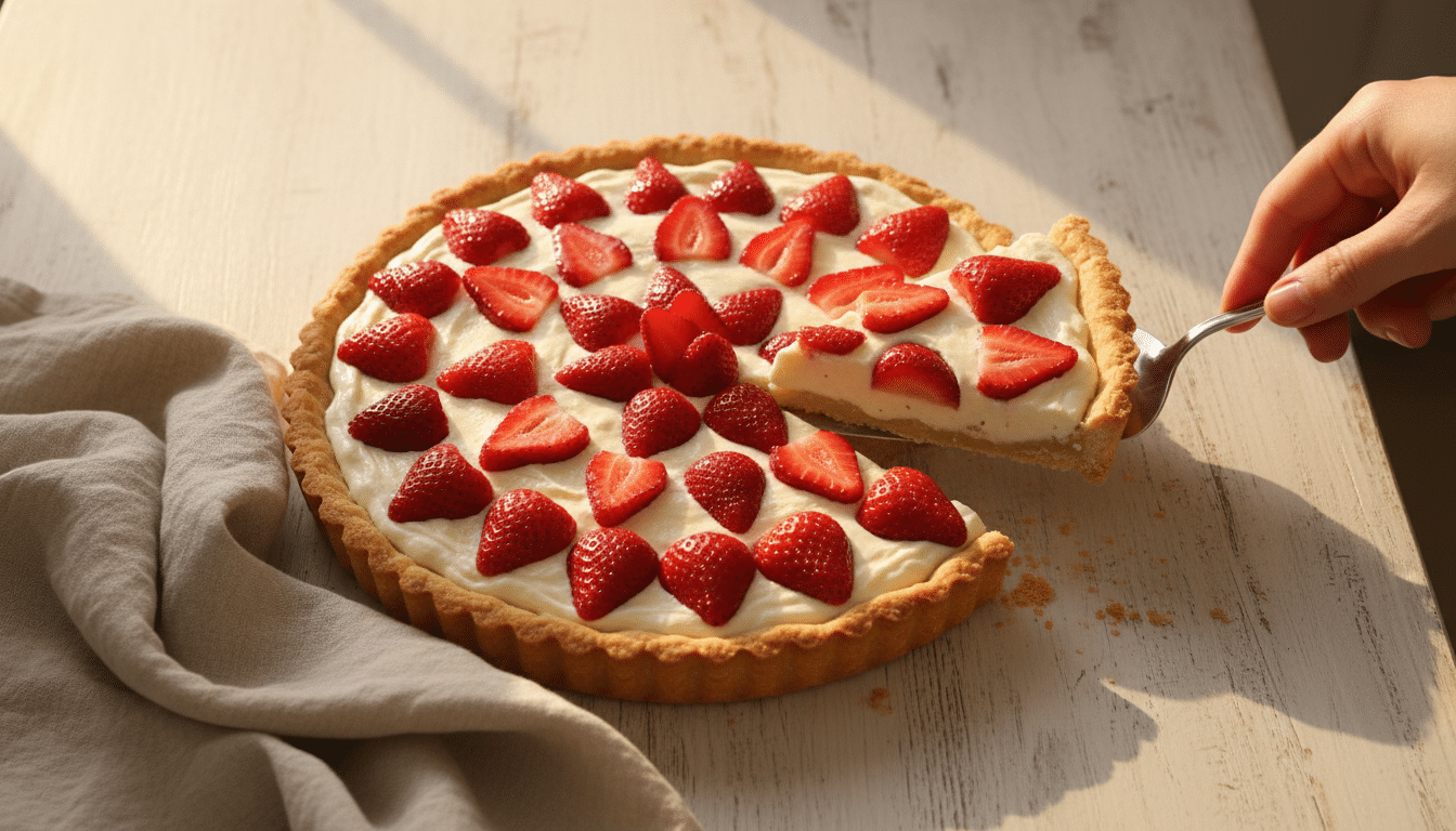 Tarte aux fraises maison vue de dessus sur table en bois