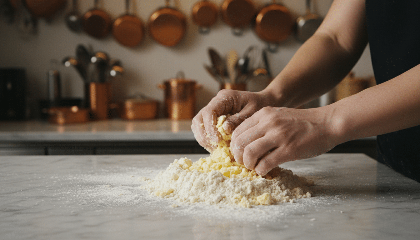 Mains sablant le beurre froid dans la farine pour pâte sablée