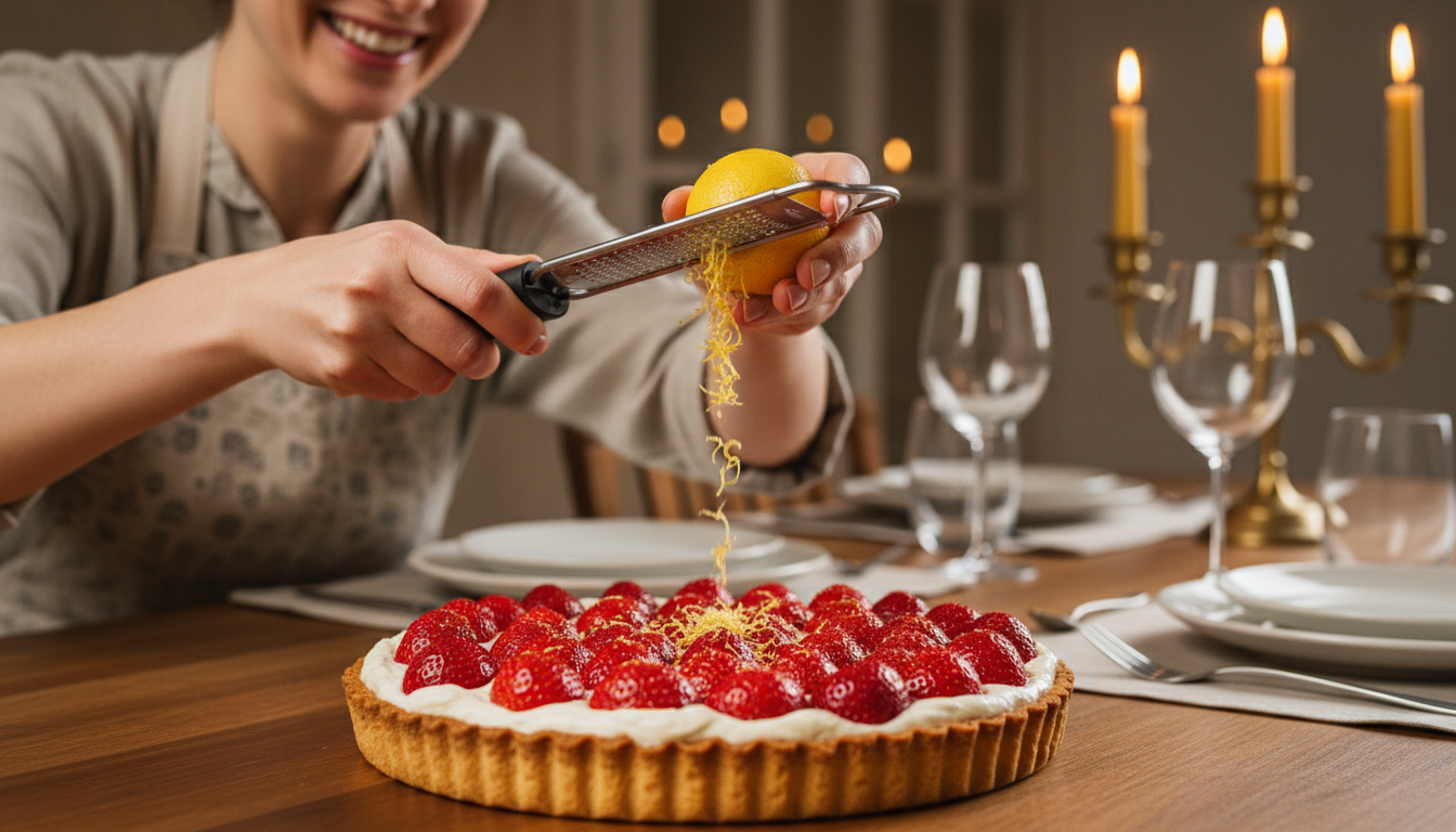Zeste de citron râpé sur une tarte aux fraises avant le service
