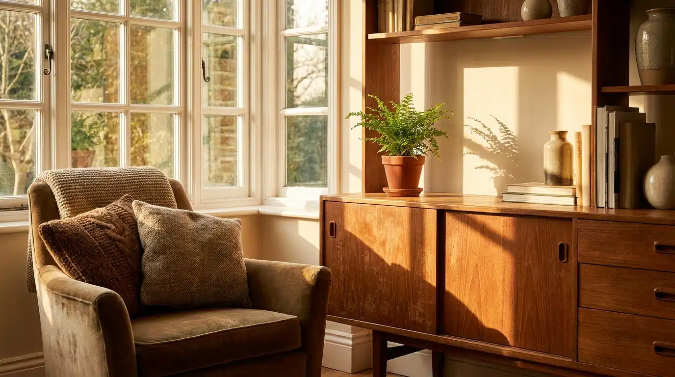 Enfilade vintage en bois dans un salon lumineux