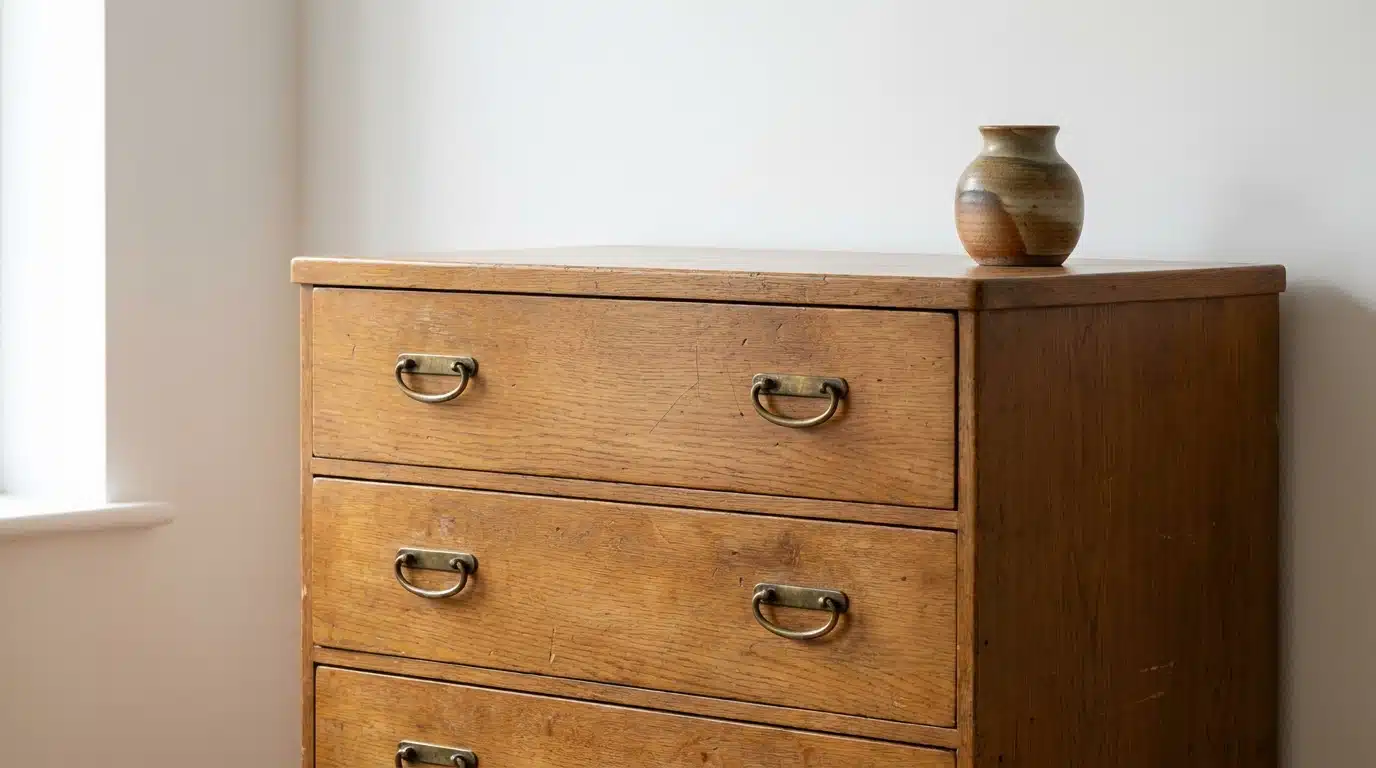 Commode ancienne en bois massif avec poignées en laiton