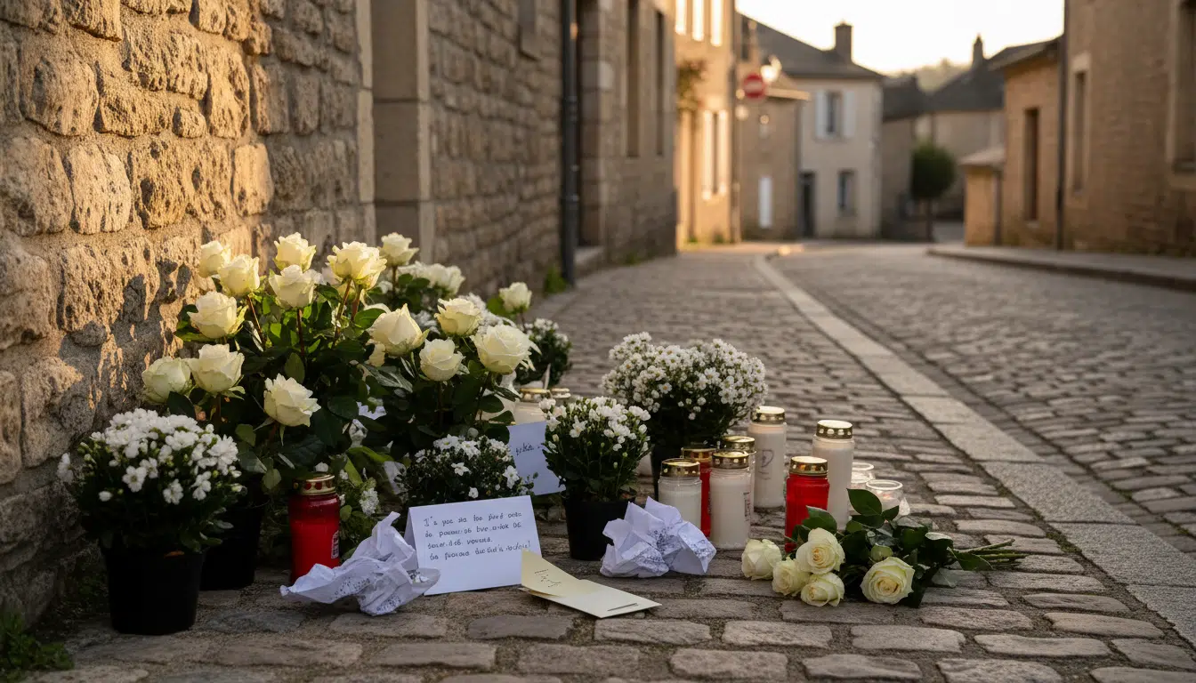 Fleurs et bougies déposées en hommage sur un trottoir