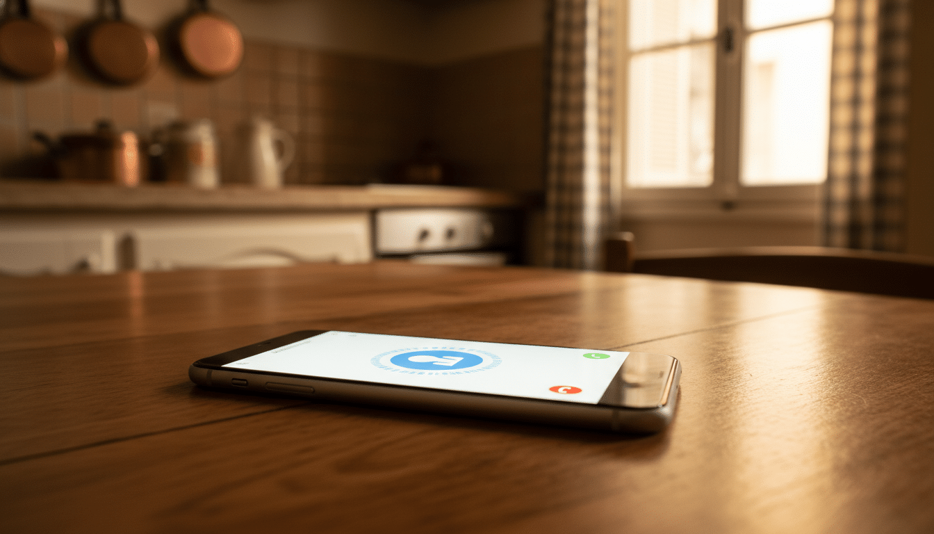 Téléphone affichant un appel en cours sur une table