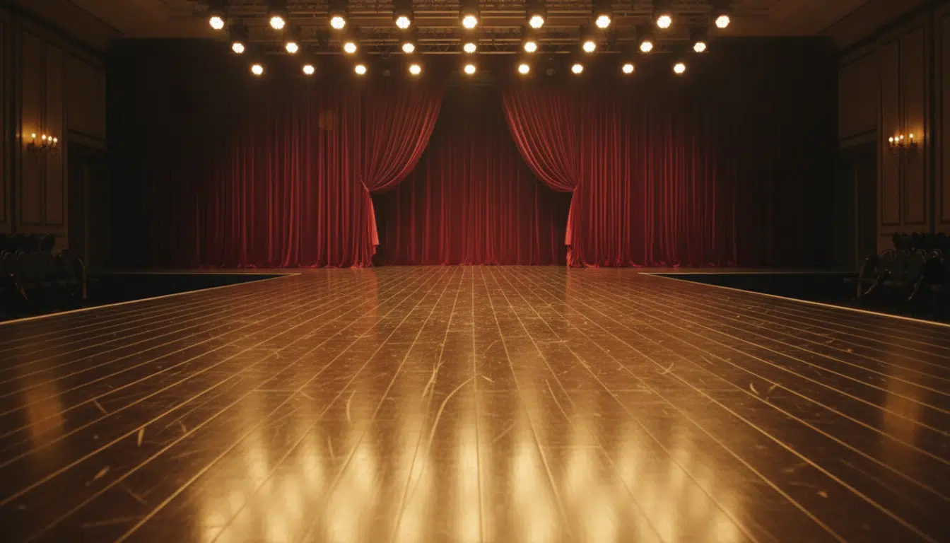 Podium de défilé de mode vide éclairé par des projecteurs dorés