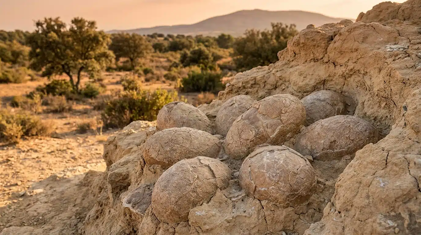 Œufs de dinosaures fossilisés dans de la roche sédimentaire
