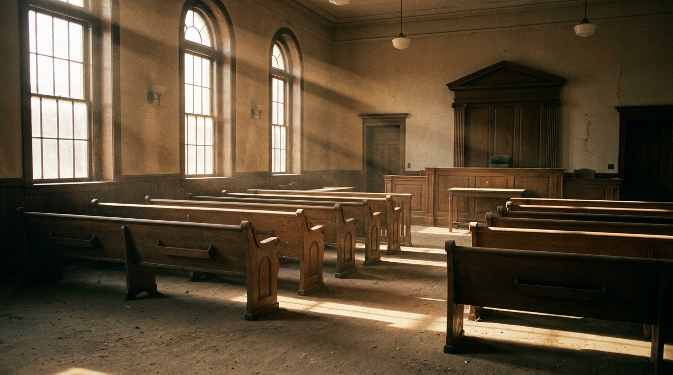 Intérieur de tribunal vide baigné de lumière naturelle
