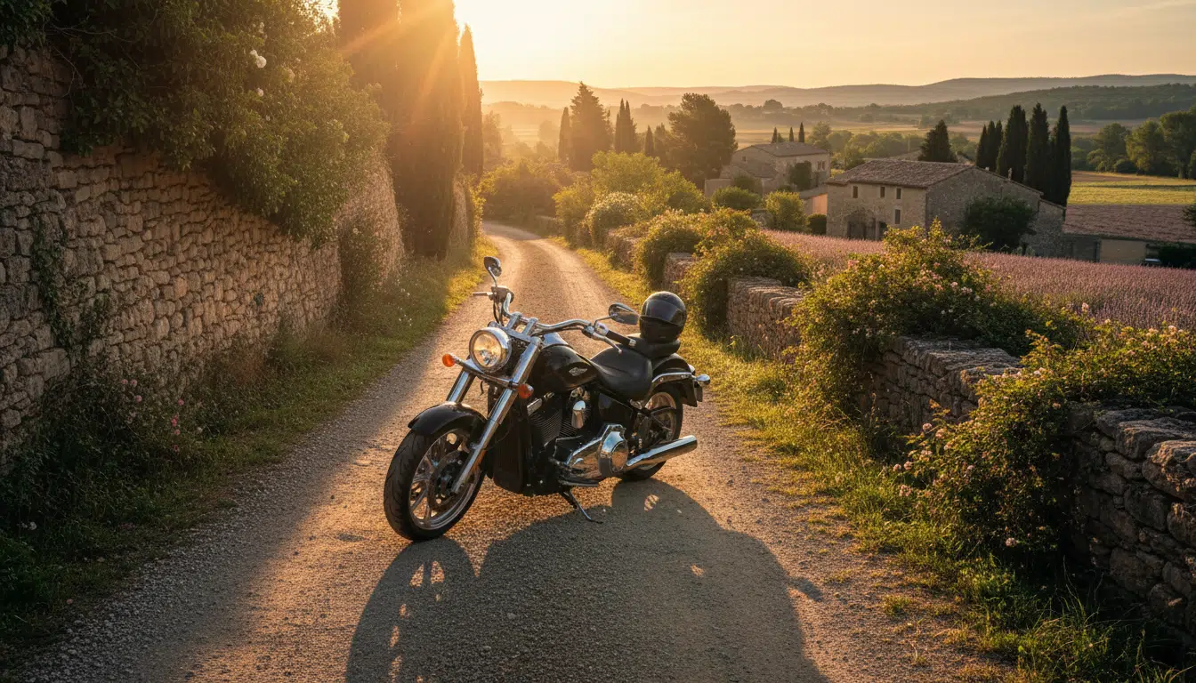 Moto de grosse cylindrée sur une route provençale