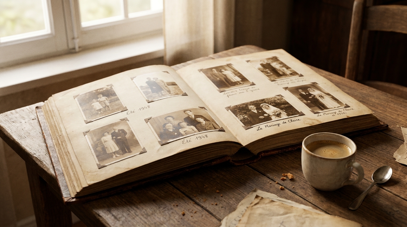 Album photo de famille ancien ouvert sur une table en bois, évoquant la mémoire et l'histoire familiale de Michel Drucker