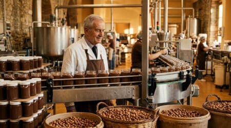Michele Ferrero dans son usine d'Alba en blouse blanche