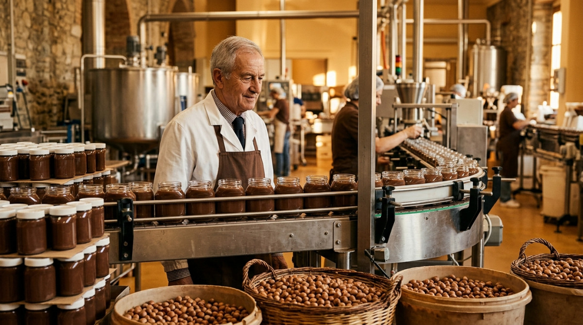 Michele Ferrero dans son usine d'Alba en blouse blanche