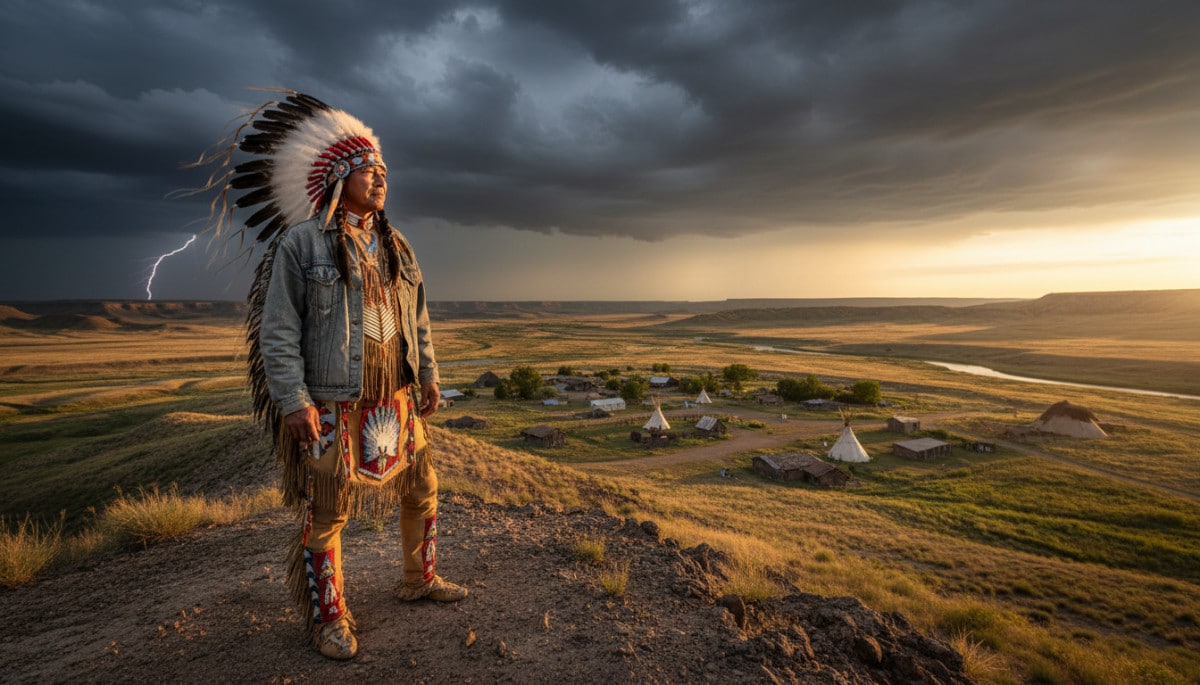 Militant amérindien face au ciel dramatique de Wounded Knee