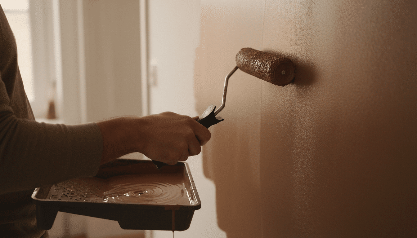Rouleau de peinture appliquant la teinte Mocha Mousse