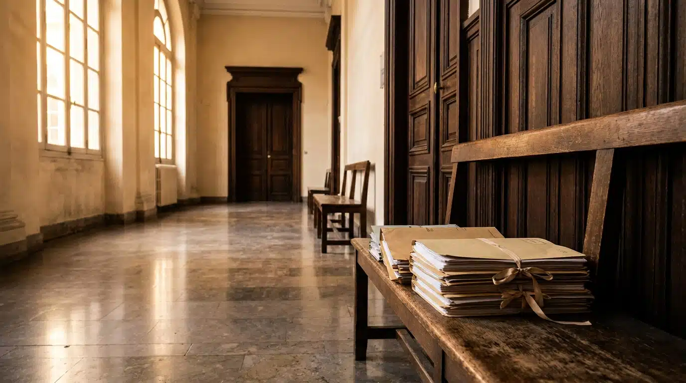 Couloir de tribunal français éclairé par la lumière du matin