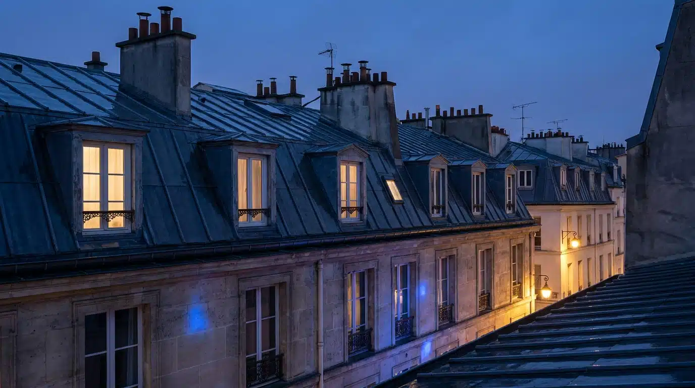 Toits parisiens de nuit avec reflets de gyrophare bleu