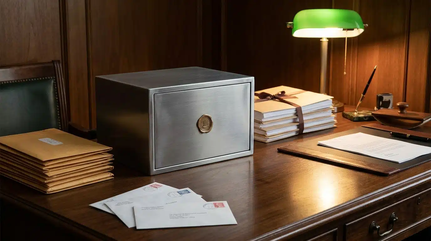 Coffre-fort scellé sur un bureau avec documents officiels illustrant le blocage des gains d'un sportif mineur