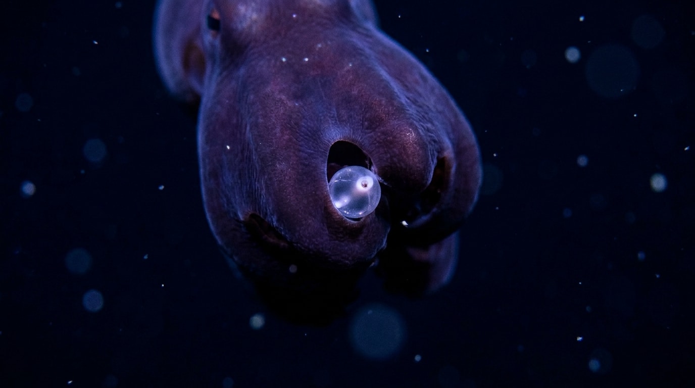 Ventre violet foncé d'un poulpe enveloppant une proie bioluminescente