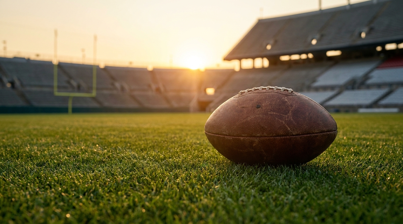Ballon de football sur pelouse dans un stade américain au coucher de soleil
