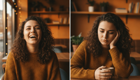 Femme expressive aux émotions changeantes dans un café
