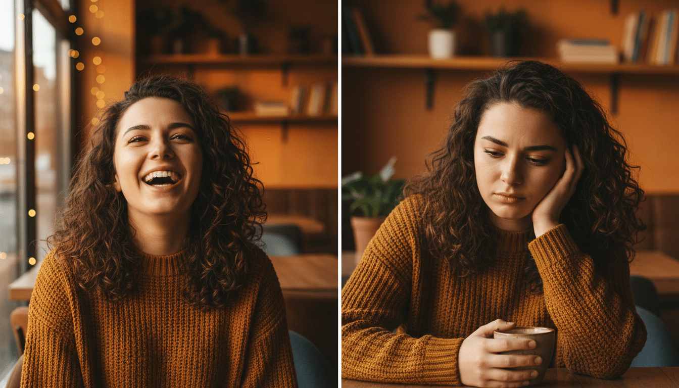 Femme expressive aux émotions changeantes dans un café