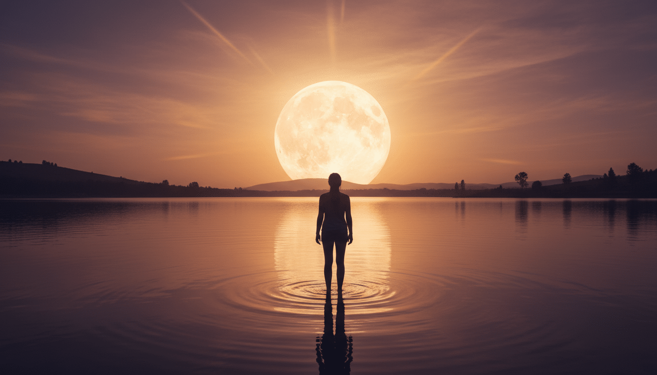 Personne contemplant la pleine lune au bord d'un lac