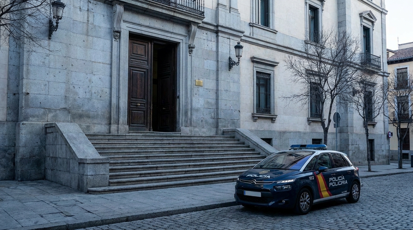 Entrée d'un tribunal espagnol avec voiture de police garée