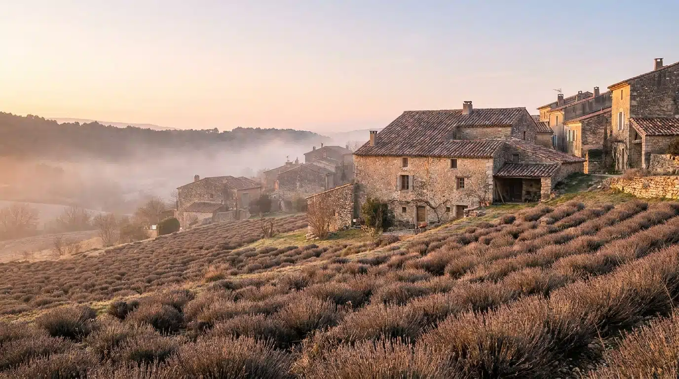 Maison en pierre dans un village de montagne provençal à l'aube