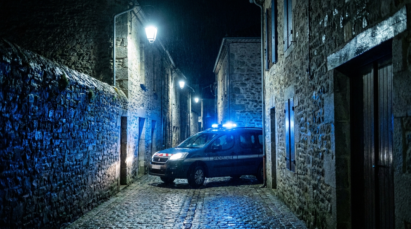 Véhicule de gendarmerie dans une ruelle de village la nuit