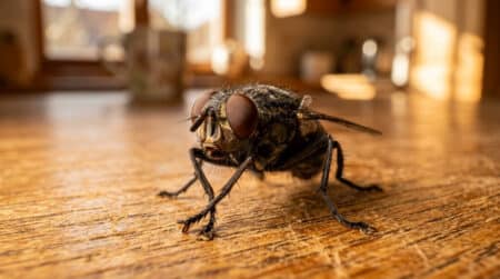 Mouche domestique se frottant les pattes avant en gros plan